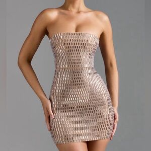 Oh Polly Embellished Bandeau Mini Dress in Almond